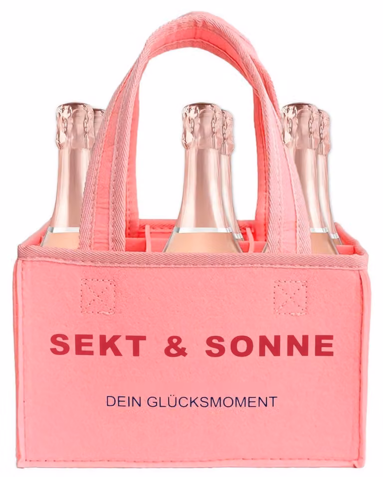 Borsa per bottiglie, 6 scomparti, rosa, in feltro, con scritta "Spumante e sole"