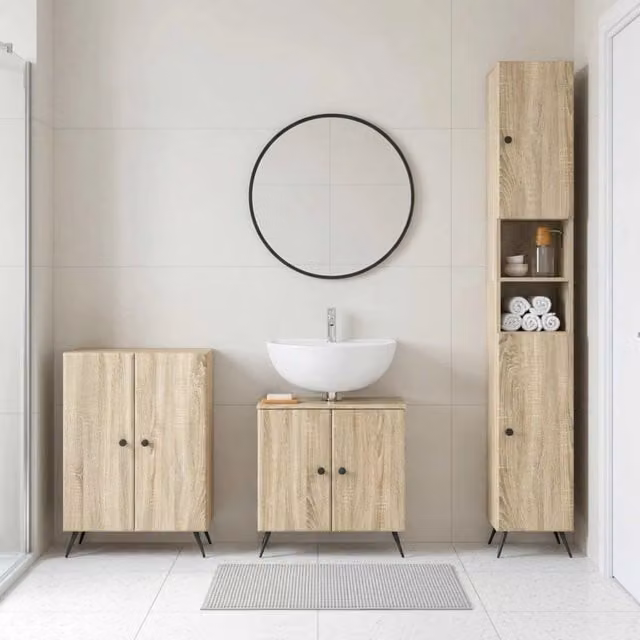 Set di mobili da bagno moderno vidaXL in legno marrone composto da base lavabo, armadio alto e mobile laterale con ante a battente e ripiani interni