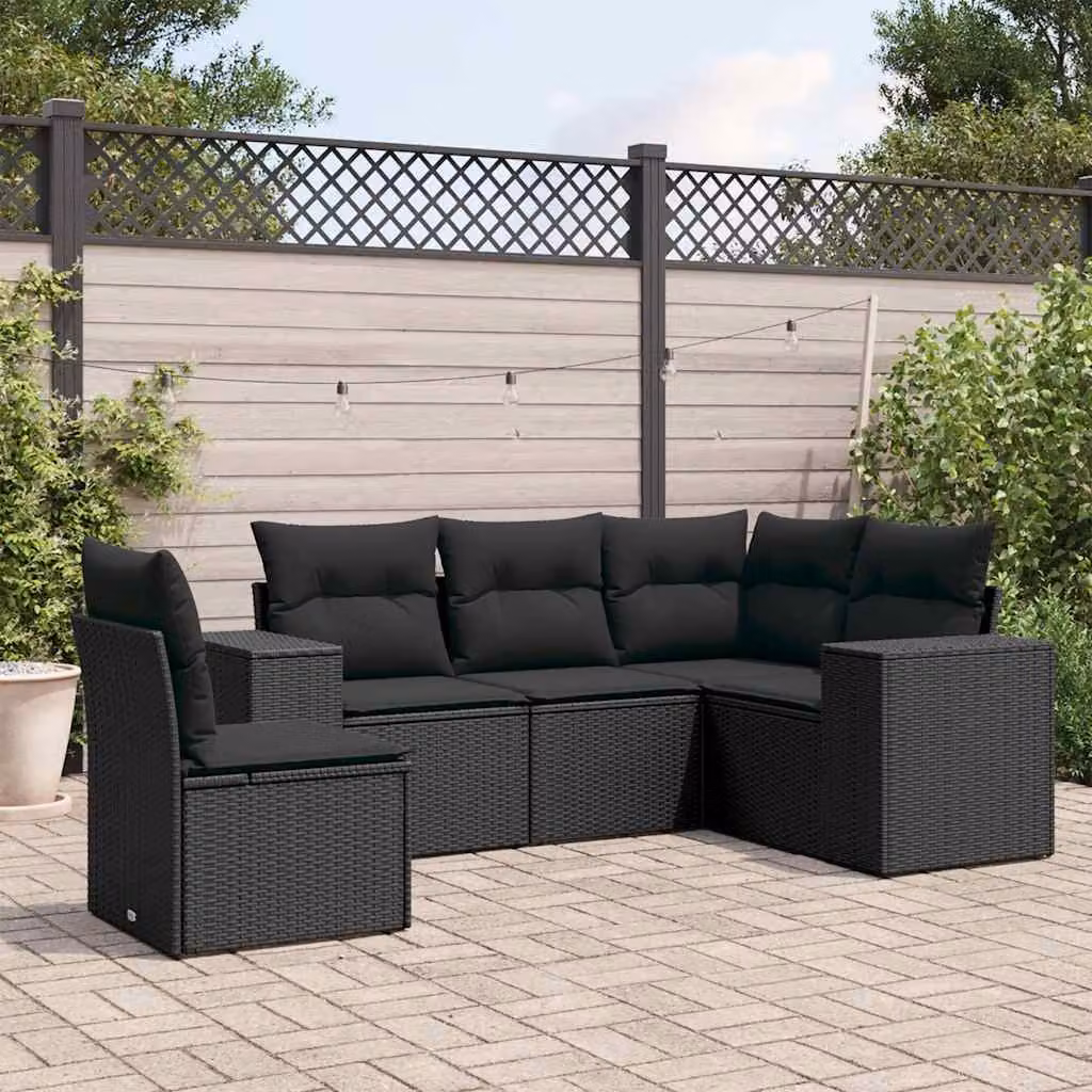 vidaXL Set Divani da Giardino a L 5 pz in Polyrattan Nero con Cuscini e Struttura in Acciaio – 1