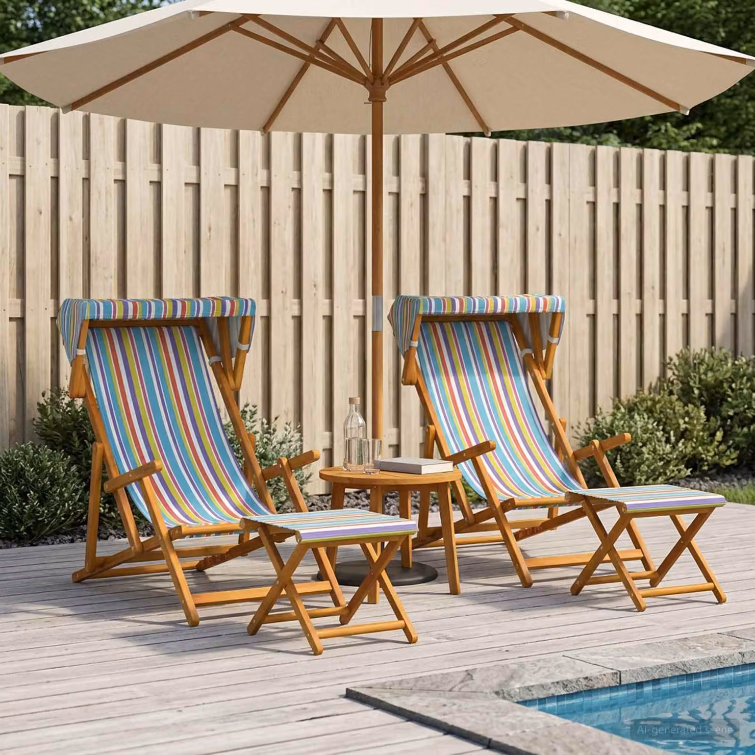 Set di 4 lettini prendisole vidaXL in legno di eucalipto oliato con tendalino e poggiatesta regolabile, multicolore a righe