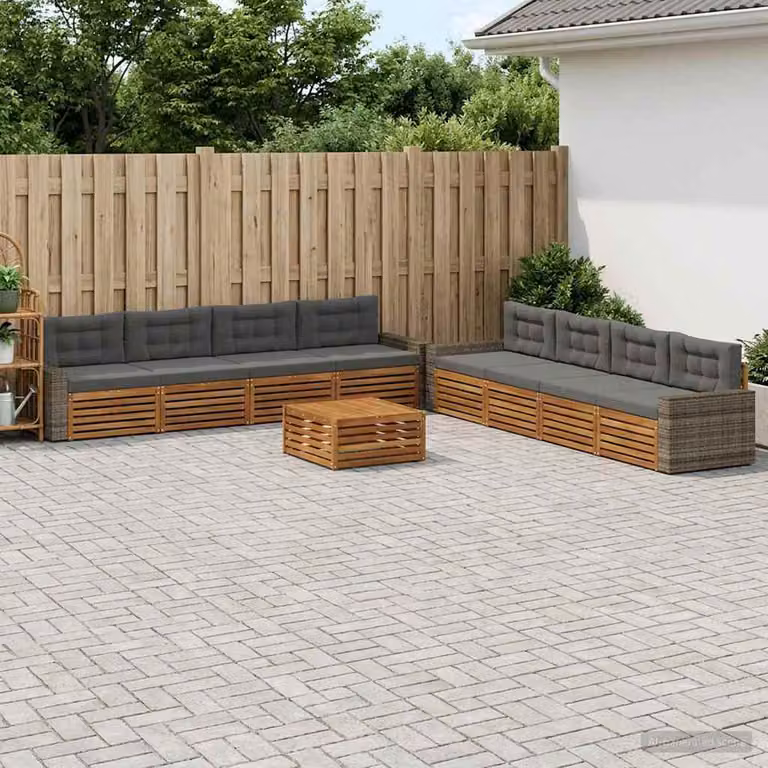 vidaXL Set di divani da esterno a forma di U composto da 9 pezzi in legno di acacia con cuscini inclusi, Colore Naturale e Antracite