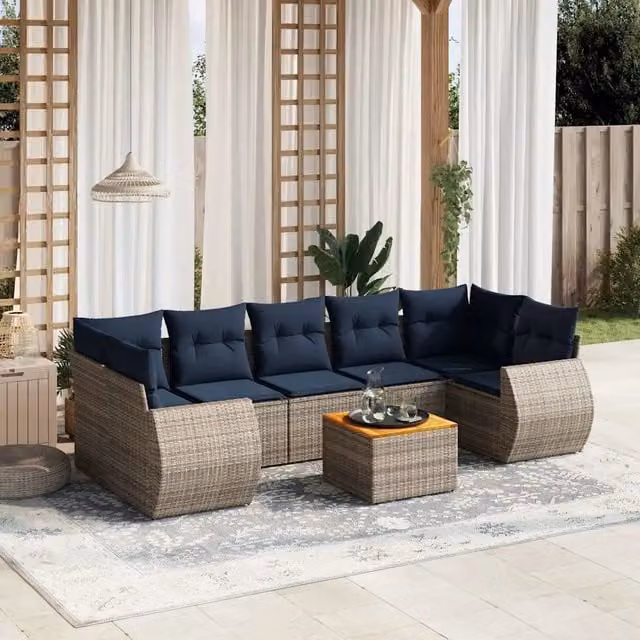 Set di Divani da Giardino a L con Tavolino vidaXL, 8 Pezzi in Polyrattan e Legno di Acacia, Colore Grigio e Blu con Cuscini Inclusi