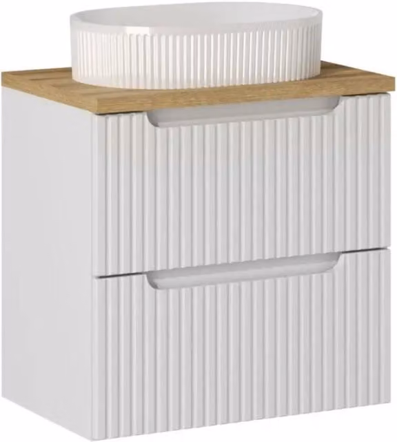 Set VANO bianco 60cm: mobile sotto lavabo con cassetti + piano per lavabo in rovere chiaro + lavabo da appoggio bianco scanalato