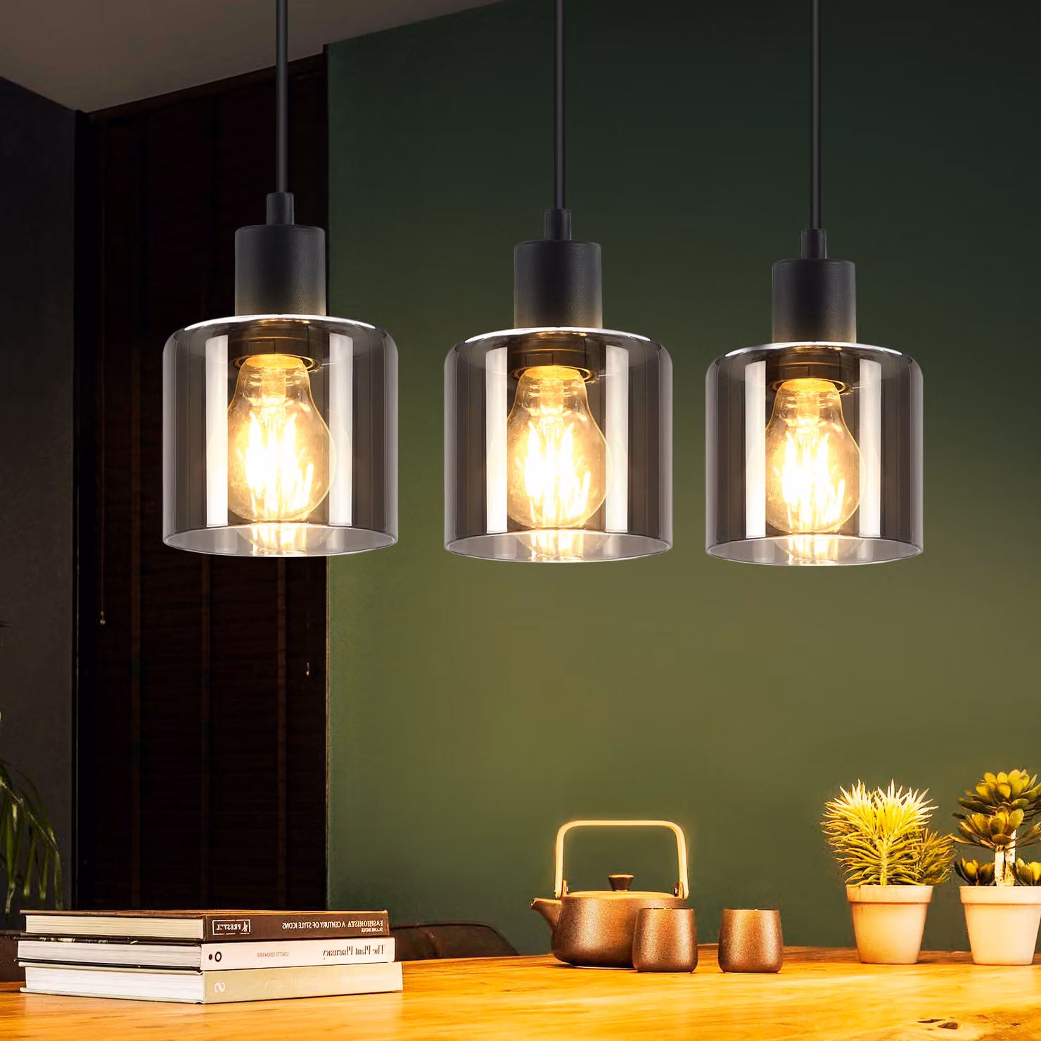 ZMH lampada a sospensione nera lampada a sospensione a 3 fiamme in vetro tavolo da pranzo lampada a sospensione vintage E27 luce a sospensione industriale angolare per sala da pranzo soggiorno hotel ufficio