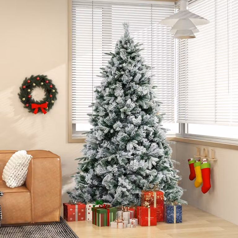 Albero di Natale artificiale innevato Costway Verde con 300 luci LED bianche calde, Altezza: 215 cm
