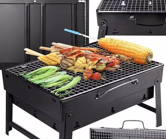 Barbecue da viaggio portatile a carbonella - Piccolo barbecue da viaggio in valigetta per il campeggio e il giardino - Barbecue da viaggio leggero con ampia griglia e feritoie di ventilazione