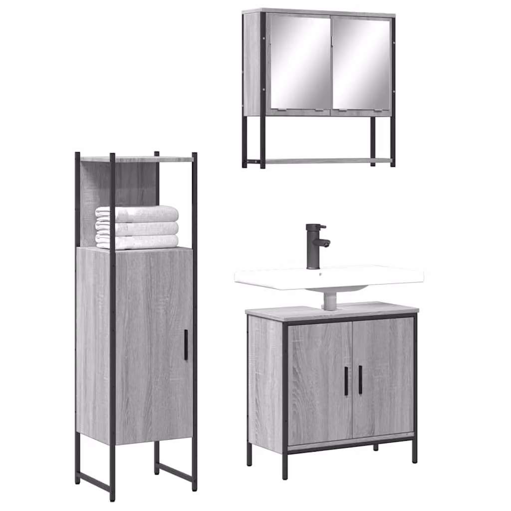 Set di mobili da bagno moderno vidaXL in legno e metallo grigio composto da armadietto con specchio, mobile lavabo e mobile laterale