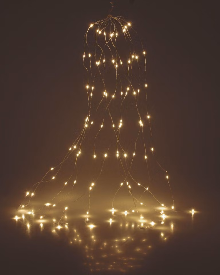 Catena luminosa con 160 LED bianco caldo, dimensioni 8x20, lunghezza 2 metri, alimentazione a batteria