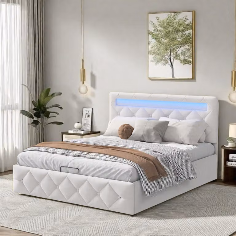 Letto a cassettone 140x200cm in velluto albicocca con LED multicolore, testata regolabile, presa EU e contenitore idraulico
