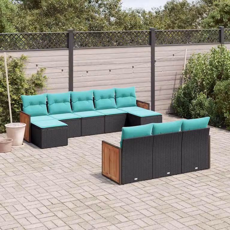 Set di divani da giardino vidaXL in polyrattan nero con 10 pezzi e cuscini inclusi