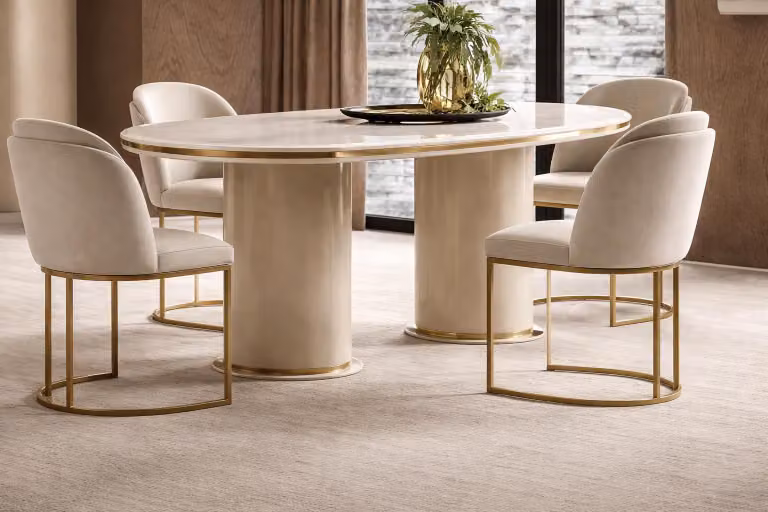 Elegante tavolo da pranzo con dettagli dorati e sedie moderne