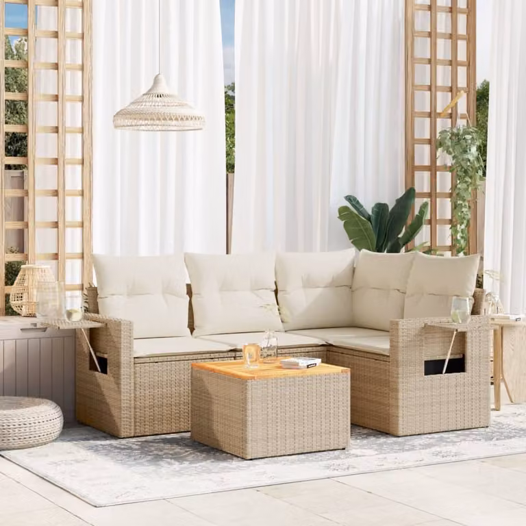vidaXL Set Divano da Giardino 5 pz a Forma di L in Polyrattan con Cuscini Beige e Tavolino
