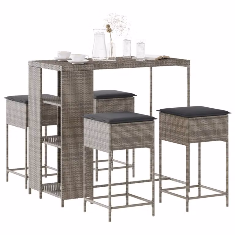 Set Bar da Giardino vidaXL 5 pz in Polyrattan Grigio con Cuscini