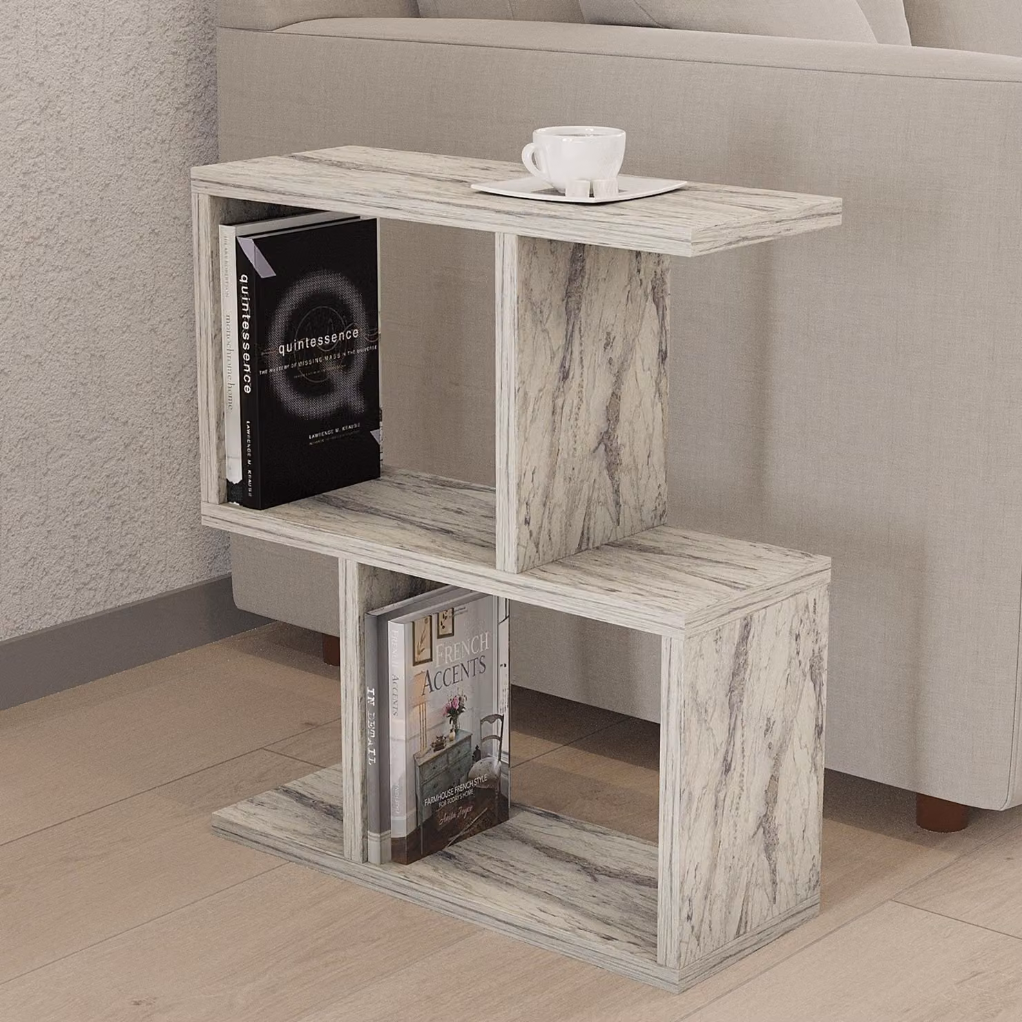 Tarzo - Tavolino da Salotto, 45x17x51h cm Beige Marmo, 2 Vani