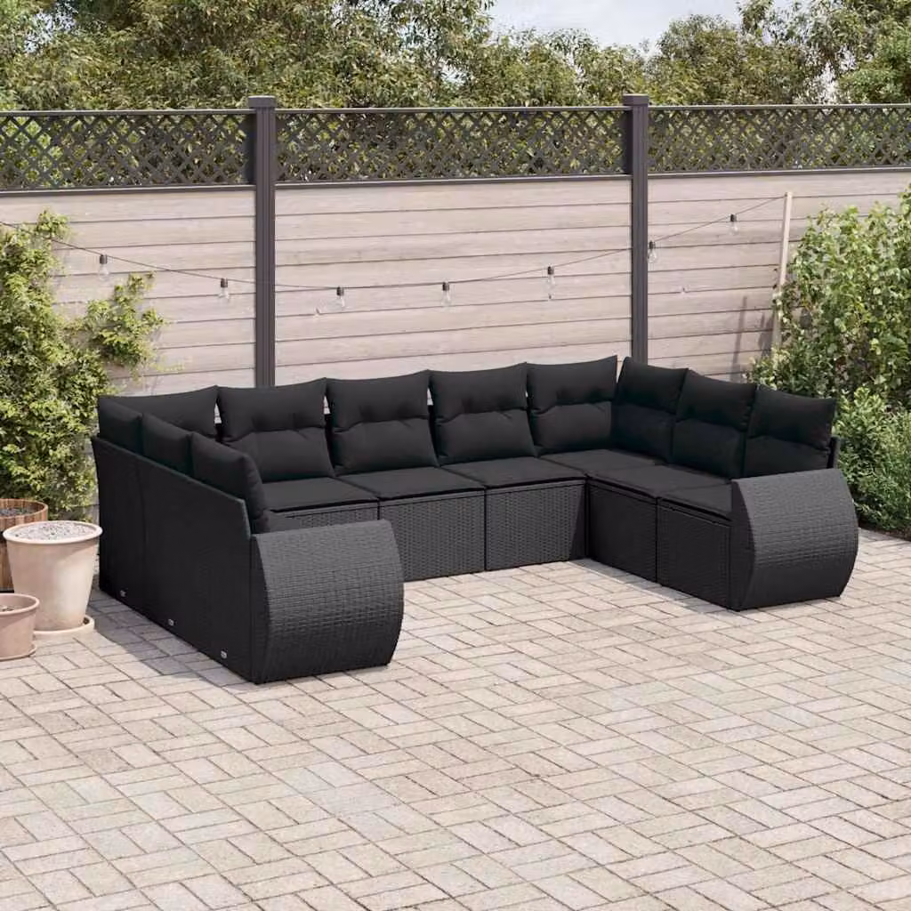 Set di divani da giardino vidaXL in polyrattan nero con cuscini, forma a U per esterno e terrazza – 1