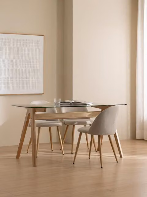 Tavolo da pranzo rettangolare moderno Kenay Home con piano in vetro trasparente e legno massiccio, Altezza: 75 cm
