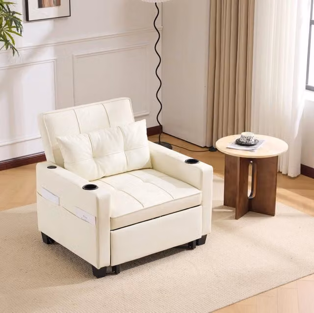 Divano letto 3 in 1 87x74x84 cm bianco con USB e portabicchieri, PU e metallo