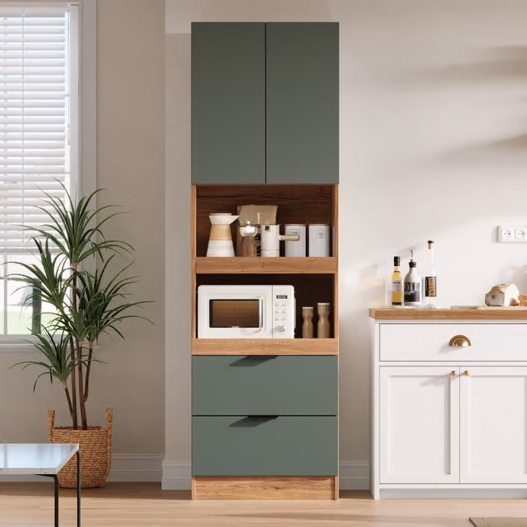 Armadio da cucina Abrihome, modello alto da 200 cm, mobile contenitore con ante, cassetti, ripiano per microonde, sistema di sicurezza anticaduta, mobile portaoggetti, mobile multifunzione, colore verde