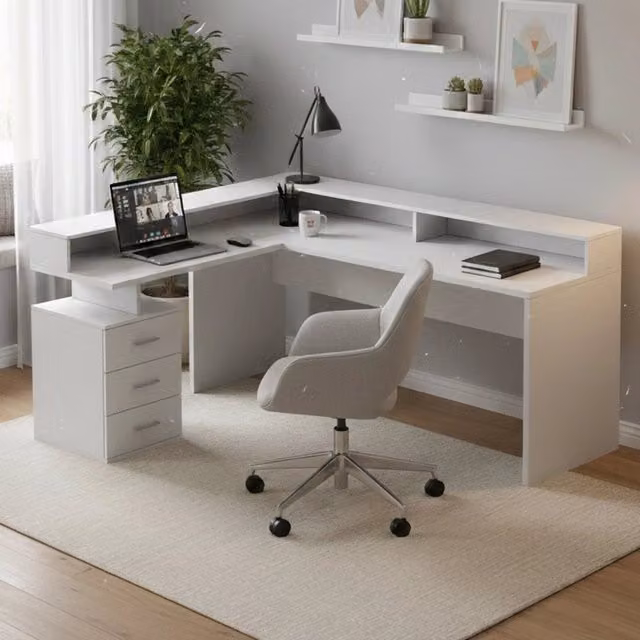Scrivania angolare Leonilda DMORA, scrittoio moderno bianco con sopralzo per ufficio o casa, L: 180 cm, P: 90 cm, H: 160 cm – 1