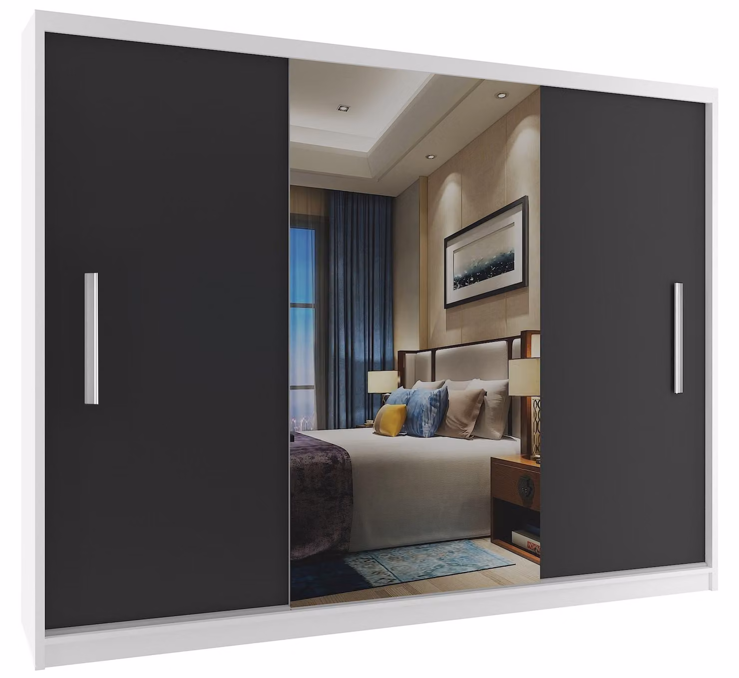BELINI Verona, armadio scorrevole da 232 cm, bianco/nero opaco - armadio con specchio e asta appendiabiti, ideale per la camera da letto