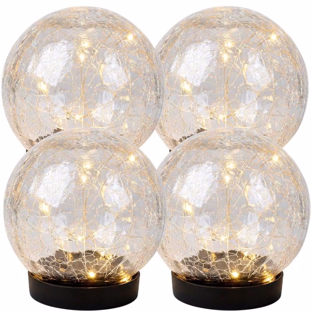 4 lampade solari a LED, con effetto vetro scheggiato, realizzate in vetro, a forma di sfera, grado di protezione IP44, con batteria integrata, diametro 12 cm