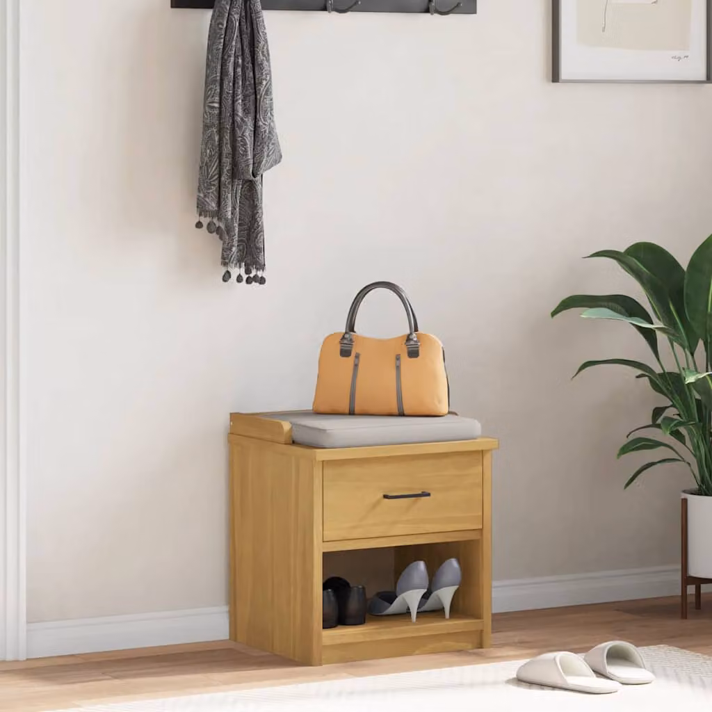Panca da corridoio e porta scarpe vidaXL SANDNES in legno massello di pino, stile rustico, marrone/beige, L 45 cm x P 40 cm x H 50 cm