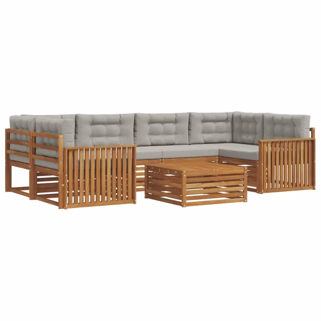 Set di divani da esterno vidaXL a forma di L composto da 7 pezzi con tavolino da caffè, in legno di acacia e tessuto grigio – 2