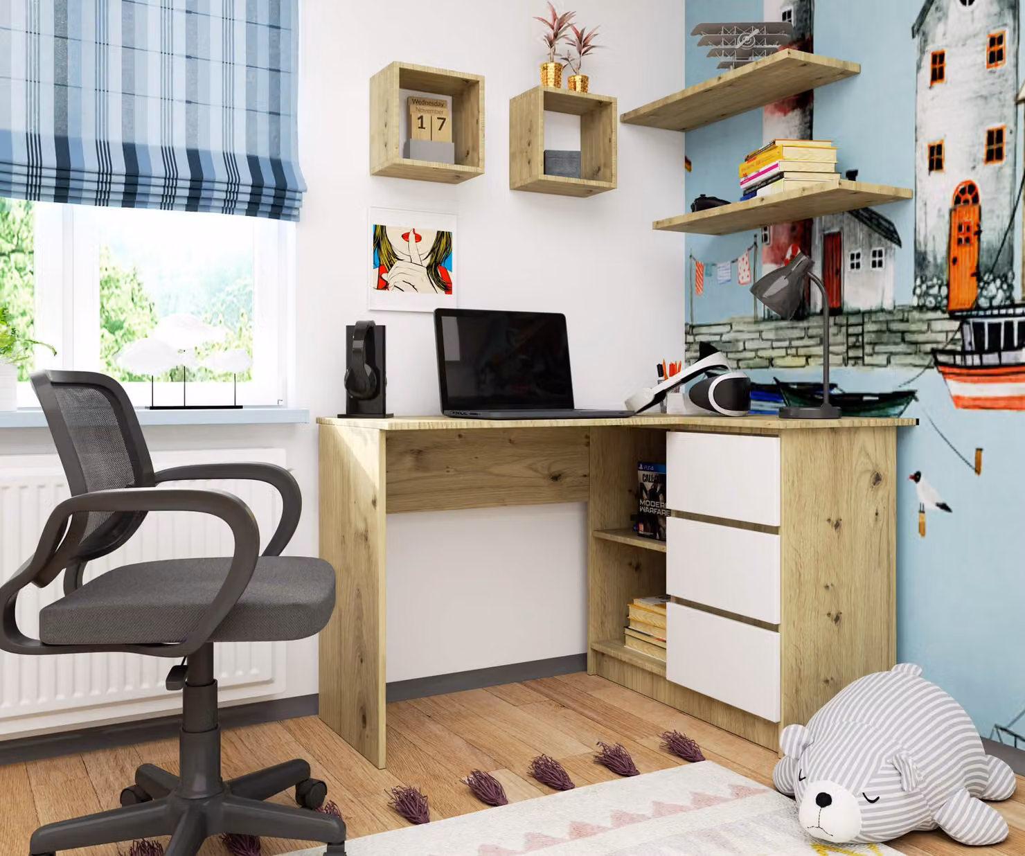 Scrivania angolare da 124 cm con 3 cassetti, scrivania per computer a forma di L, mobile angolare a 2 scomparti