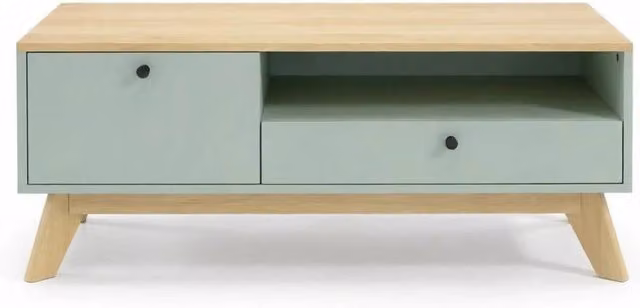 Tavolino rettangolare con cassetto, anta e vani aperti in MDF, 100x50x40 cm, colore verde chiaro e quercia