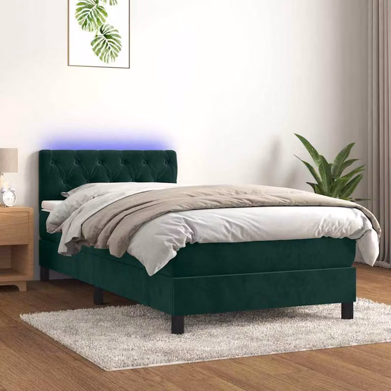 vidaXL Letto a Molle con Materasso e LED Verde Scuro in Velluto L: 80 cm, P: 200 cm