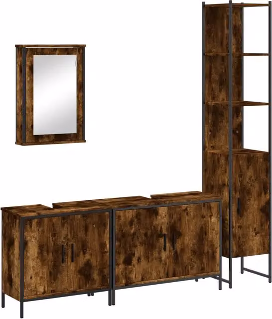 Set Mobili da Bagno | Armadio da bagno 4 pz Rovere Fumo in Legno Multistrato
