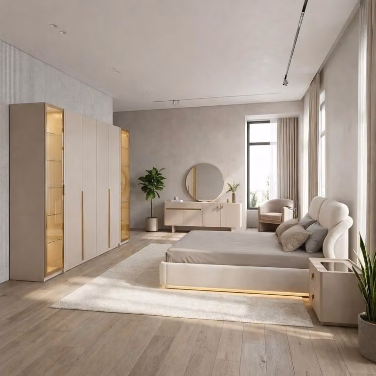 Set completo per camera da letto Lux: letto, armadio, comodini, consolle e specchio