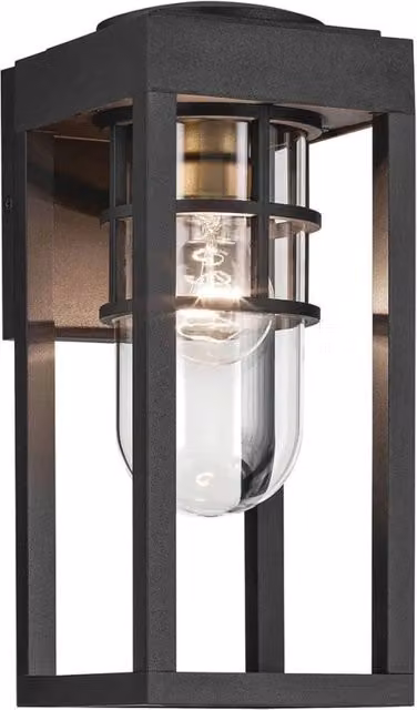 Applique da esterno industriale Kichler HONE in metallo nero e vetro trasparente, attacco E27, protezione IP44, resistente all'acqua salata