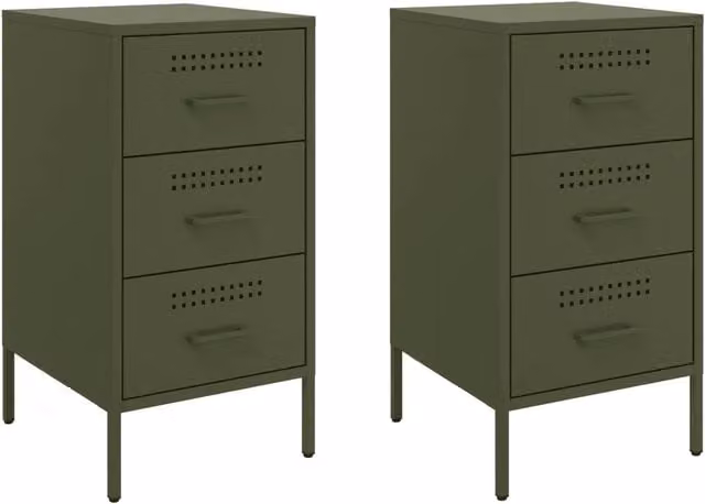 Set di 2 Comodini | Armadio da Notte | Mobiletto da notte Verde Oliva 36x39x68 cm in Acciaio