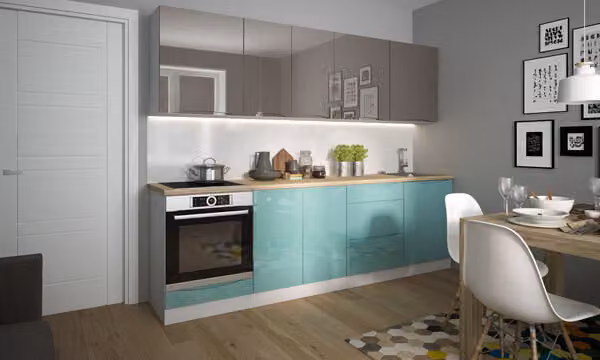 Blocco cucina Blocco cucina bianco / verde chiaro - quarzo grigio laccato lucido Moderno