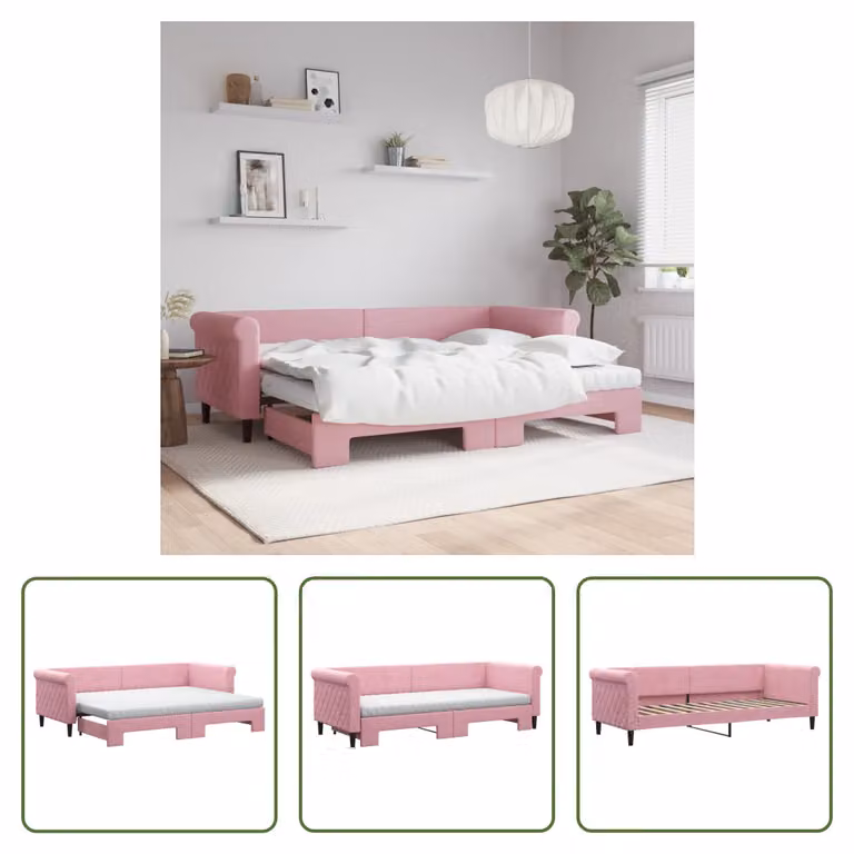 The Living Store Lettino allungabile con materassi Rosa 80x200 cm in velluto