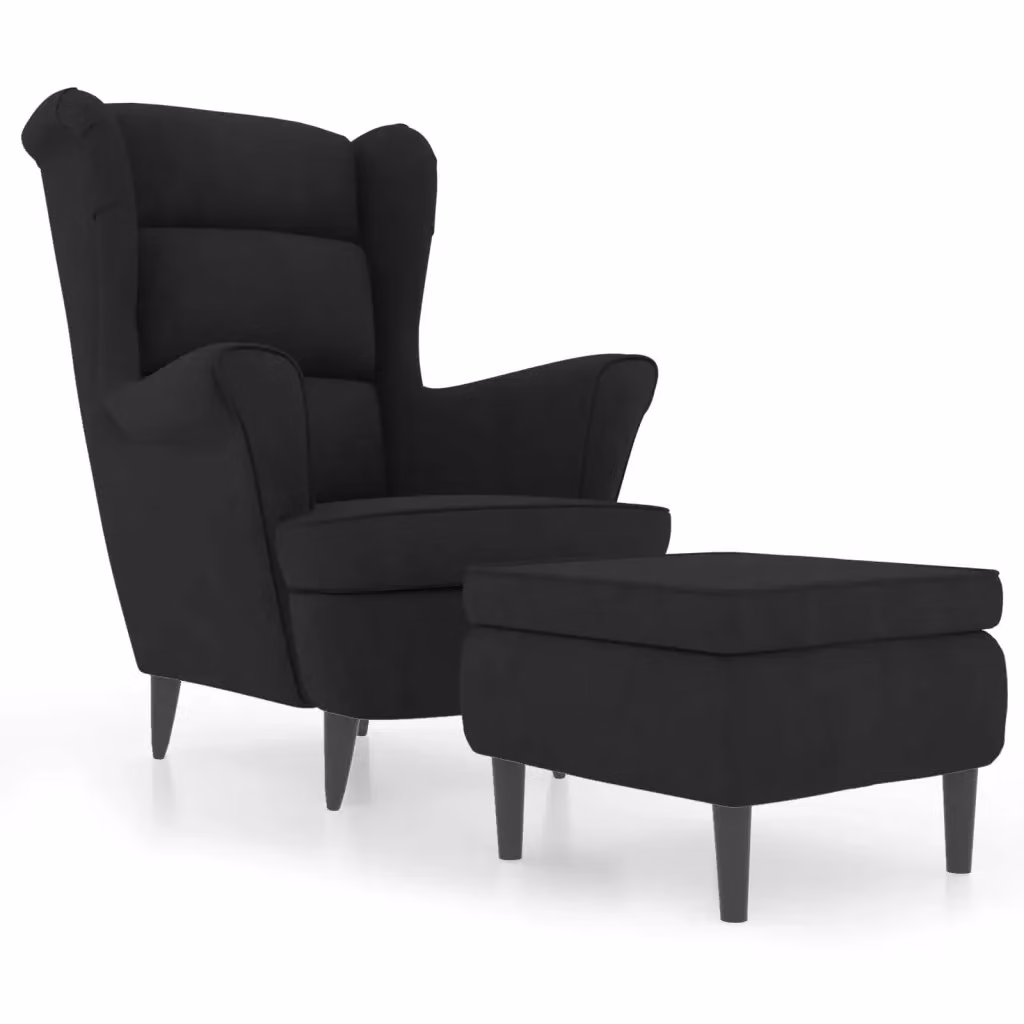 Poltrona relax con poggiapiedi integrato vidaXL in velluto nero con struttura in legno e schienale ad ala per il tuo soggiorno – 2