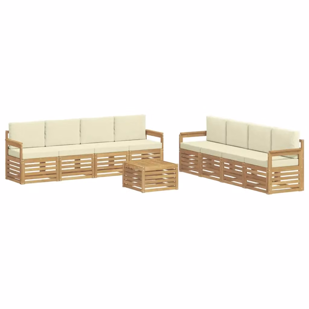 Set di divani da esterno a L vidaXL in legno di acacia con tavolino e cuscini, Bianco e Beige – 2