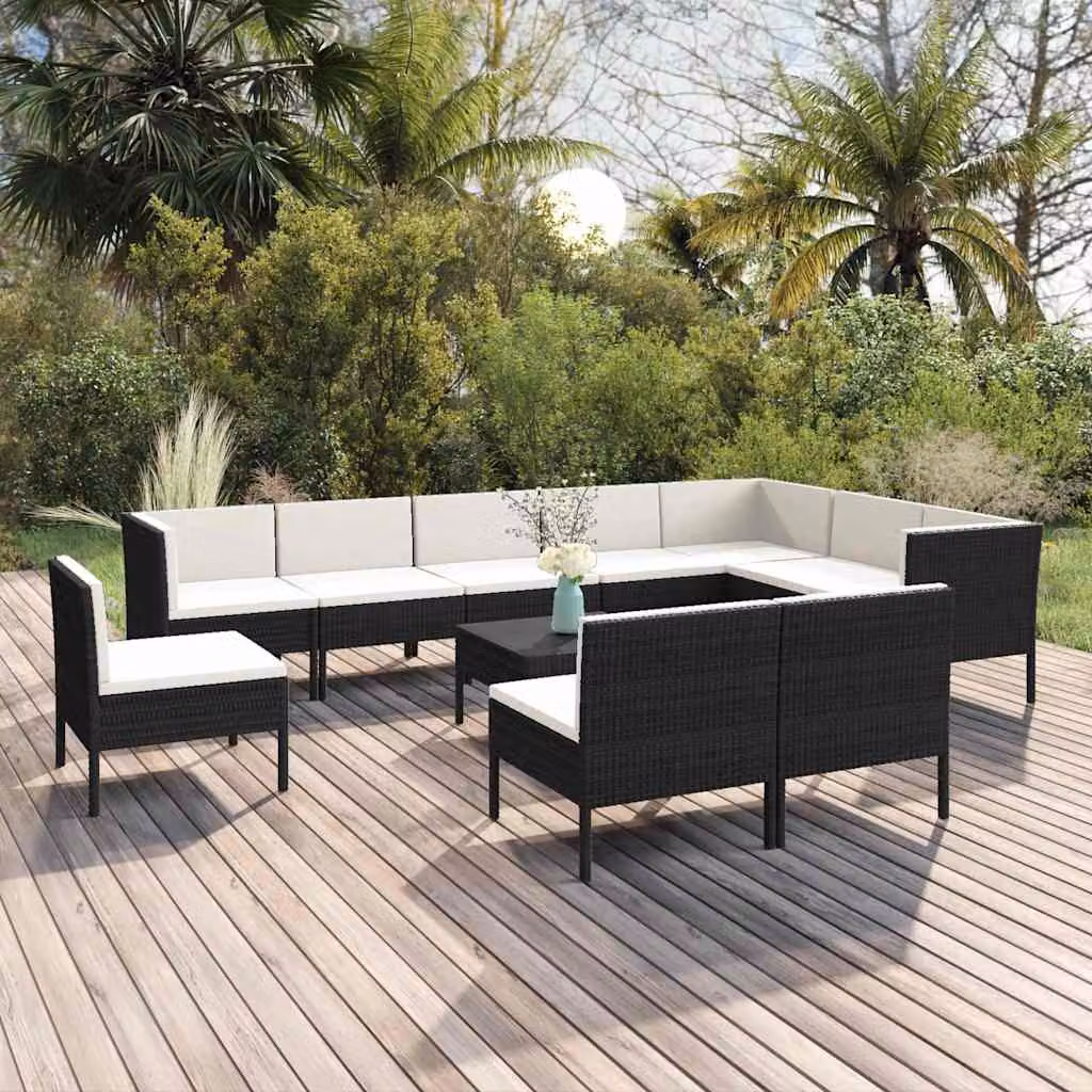Set Divani da Giardino vidaXL 11 pz a Forma a U con Tavolino e Cuscini, Struttura in Metallo e Polyrattan Nero e Bianco