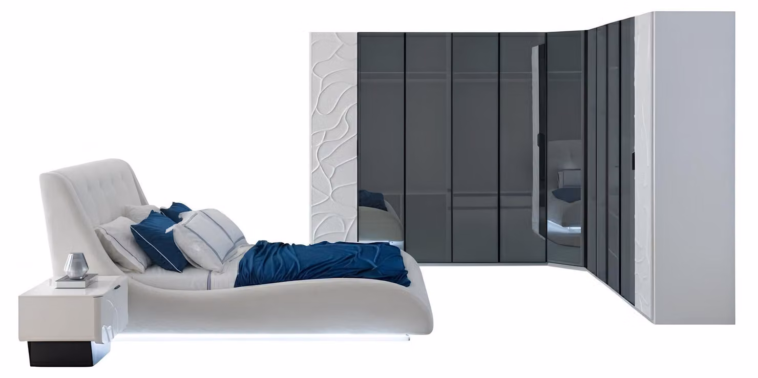 Set da camera da letto: armadio angolare, letto bianco e nero, stile moderno, testiera