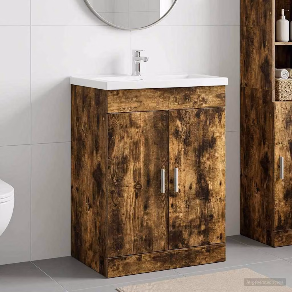 Mobiletto da bagno sotto lavabo vidaXL in rovere fumo con ante a battente, L: 56 cm, P: 37,5 cm, H: 81 cm