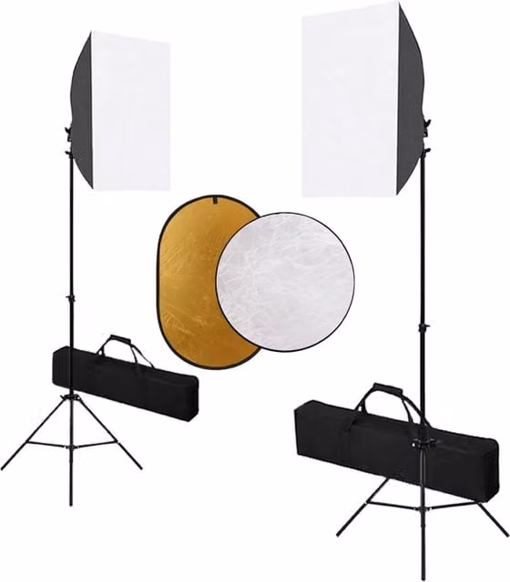 Kit professionale per studio fotografico con softbox rettangolare e riflettore oro e argento, luce bianca morbida, colore nero