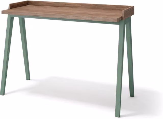 Scrivania Herdasa in stile minimalista con piano effetto noce e gambe in faggio, colore verde e marrone, L: 110,4 cm, P: 81 cm, H: 76 cm