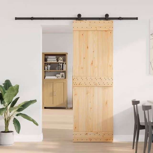 Porta scorrevole minimalista vidaXL NARVIK in legno e acciaio, colore Naturale e Nero, L: 70 cm, H: 210 cm – 1