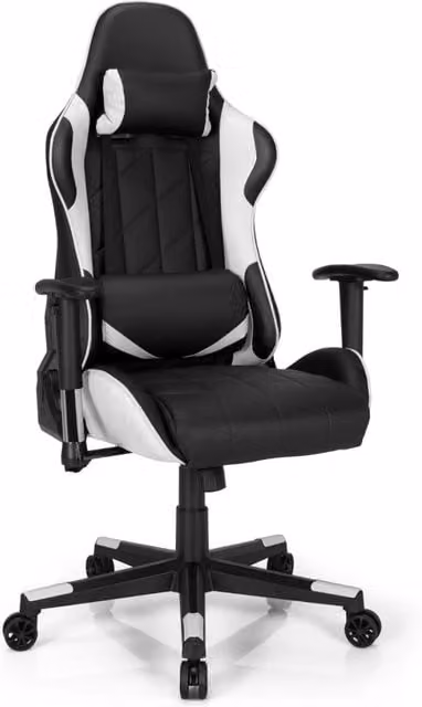 Sedia da gaming ergonomica girevole a 360 gradi con poggiatesta e cuscino lombare in ecopelle, Nero e bianco – 1
