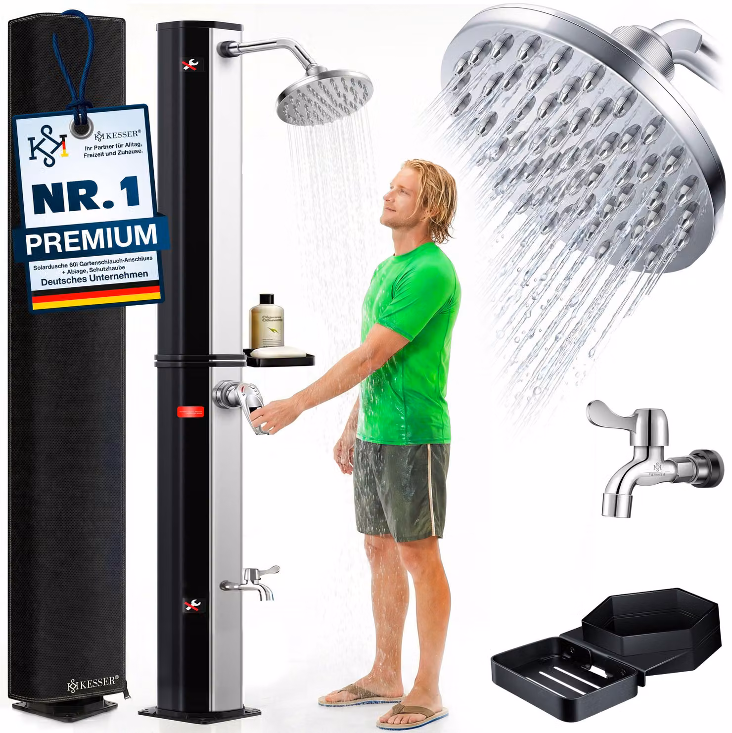KESSER® Doccia solare da 40-60 litri, produce acqua calda fino a 60°C, inclusa una mensola per gli accessori da doccia e una copertura protettiva