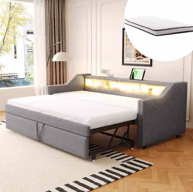 Divano letto estraibile 90/180 x 190 cm con vani laterali; LED e USB; grigio chiaro