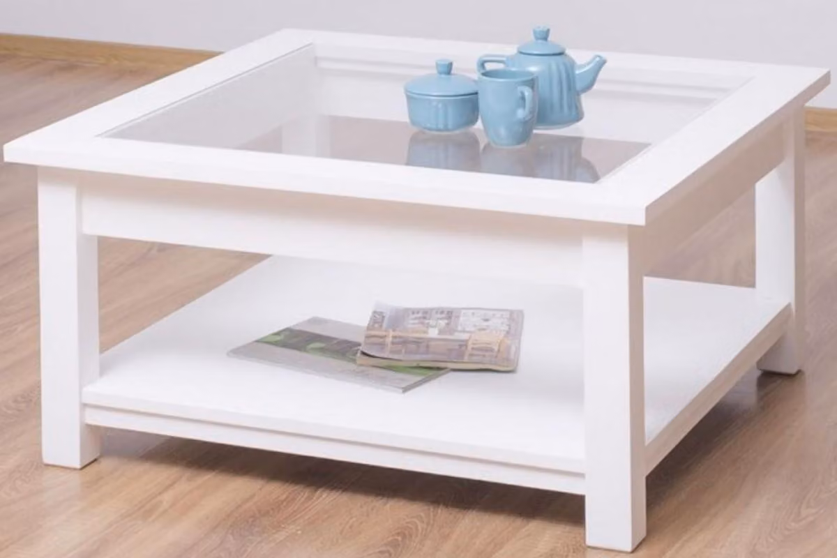 Tavolino Casa Padrino in stile country con piano in vetro bianco 90 x 90 x h. 45 cm - Tavolo da soggiorno in legno massello - Mobili da soggiorno in stile country