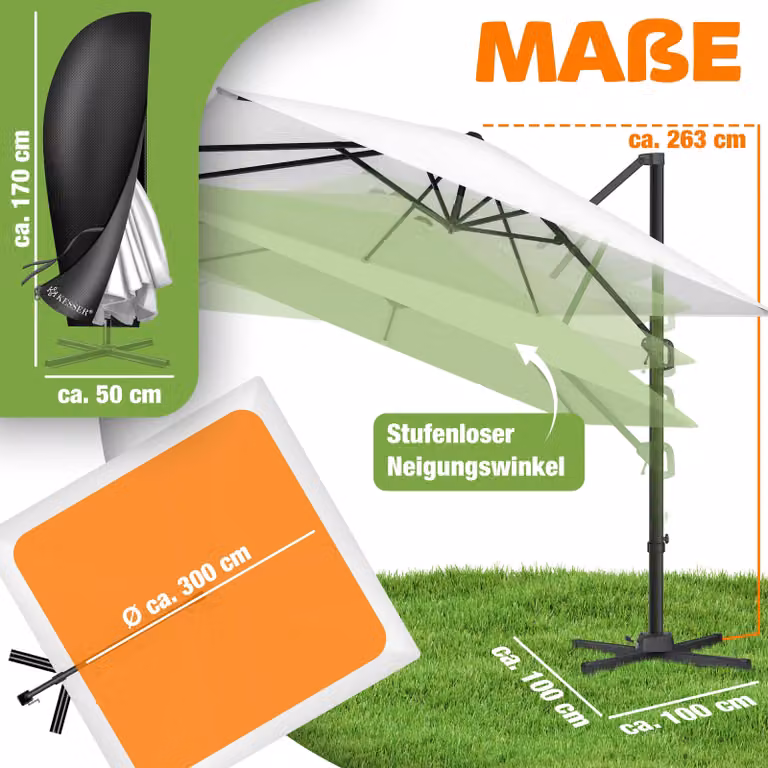 Ombrellone KESSER® Ombrellone a braccio SUN XL 300 x 300 cm Incl. copertura + protezione antivento Girevole Inclinabile Ribaltabile Ombrellone da mercato Grande rotazione a 360°, ombrellone da giardino con manovella Protezione solare UV50+