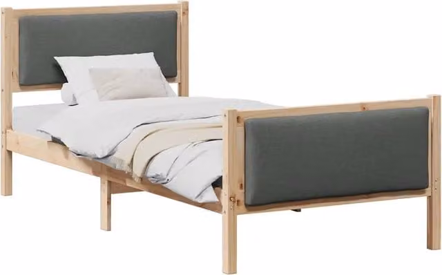 Letto singolo moderno DESIGN IN in legno di pino e tessuto grigio, L/P/H: 90 x 200 cm – 1